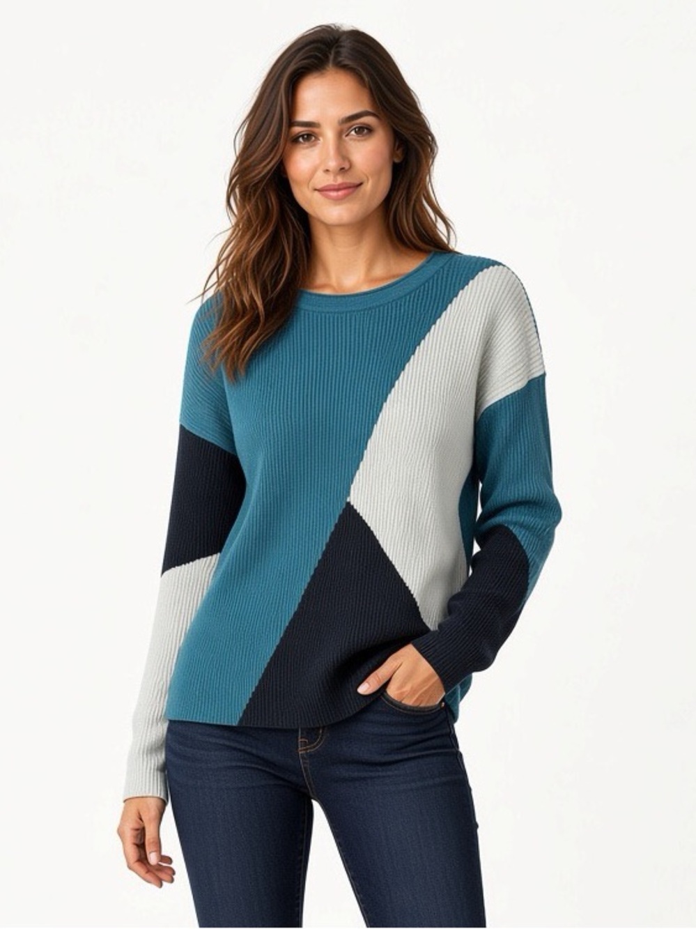 Smartwool Teal and Cream Ribbed Crewneck Sweater - Women's Small.